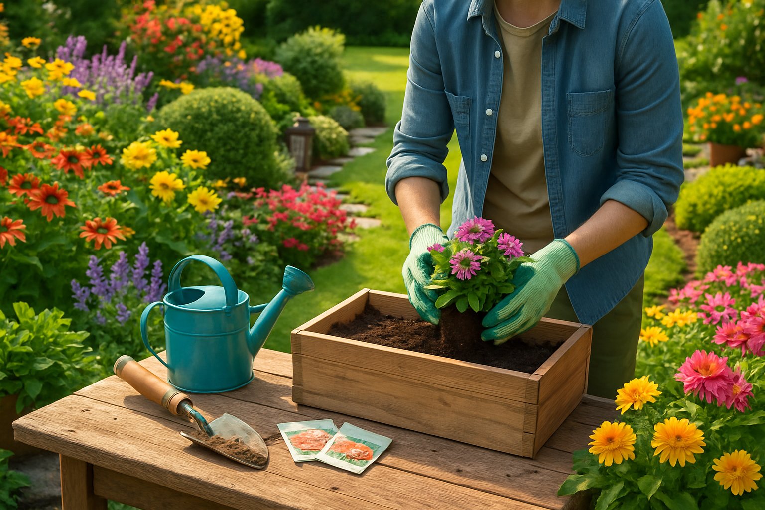 Ein gepflegter Garten mit bunten Blumen, grünen Pflanzen und einer Person, die Blumen in einem Holzpflanzkasten einpflanzt.