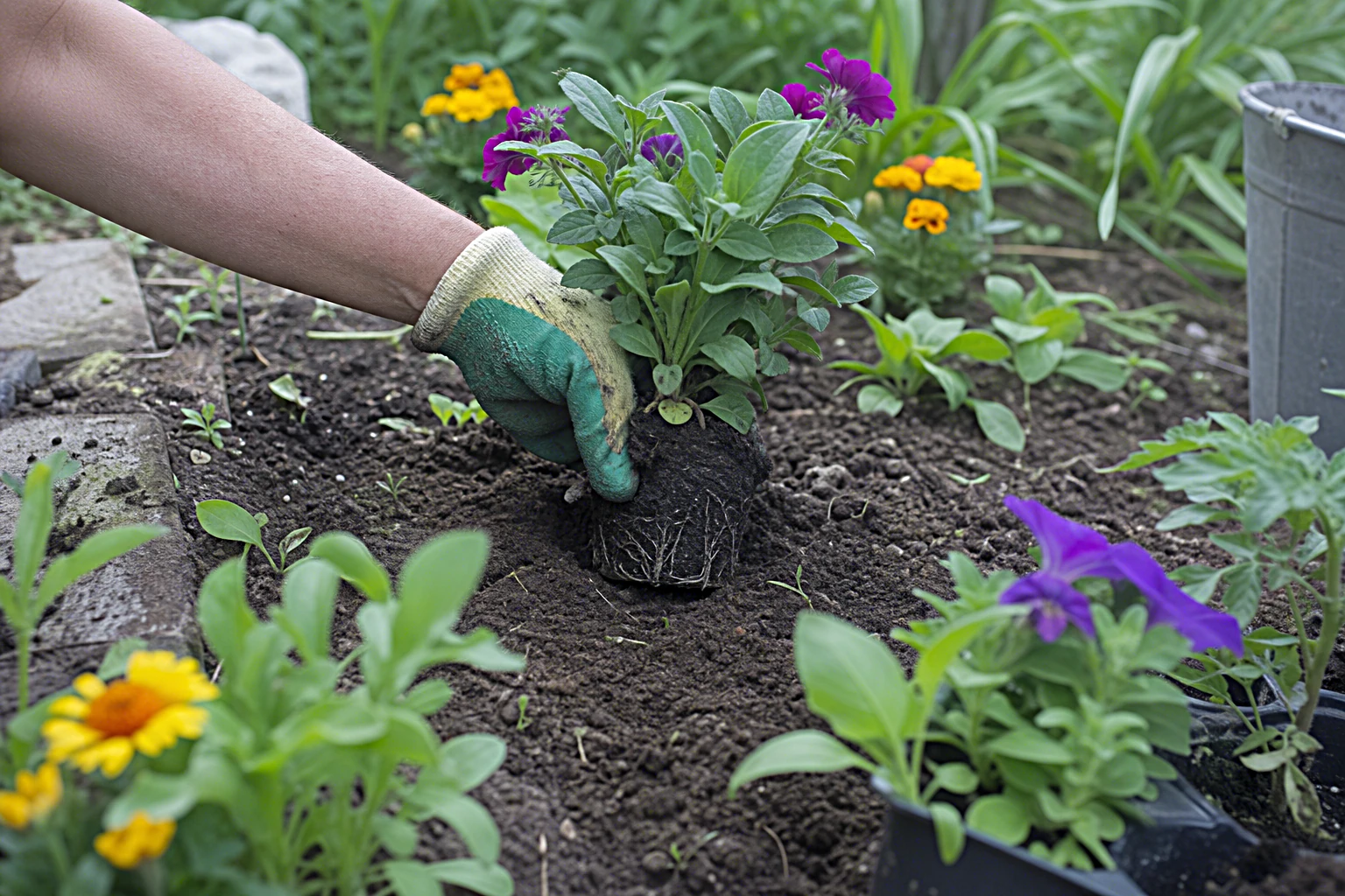 Sommerliches Gartenbeet mit frisch eingesetzten Pflanzen im Juni