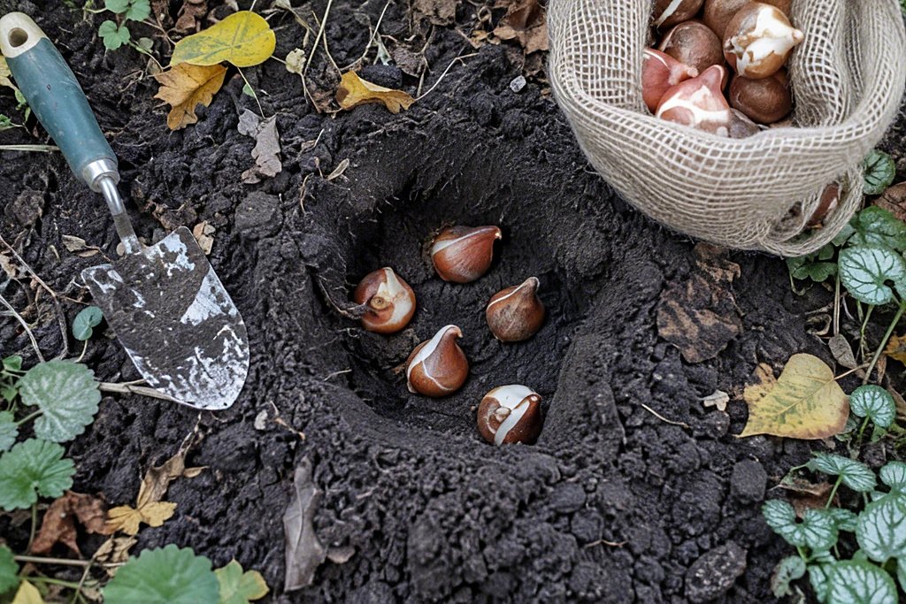 Tulpenzwiebeln in einem Pflanzloch im Gartenbeet, daneben Handschaufel und Herbstlaub